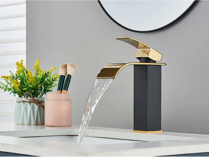 Brushed Golden Basin Faucets Elegant Waterfall Bathroom Sink