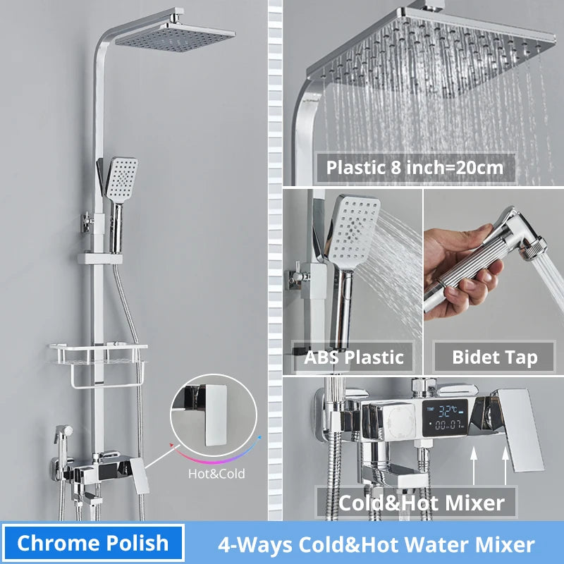 Bath Thermostatic Digital Display Shower Faucet Rain Shower