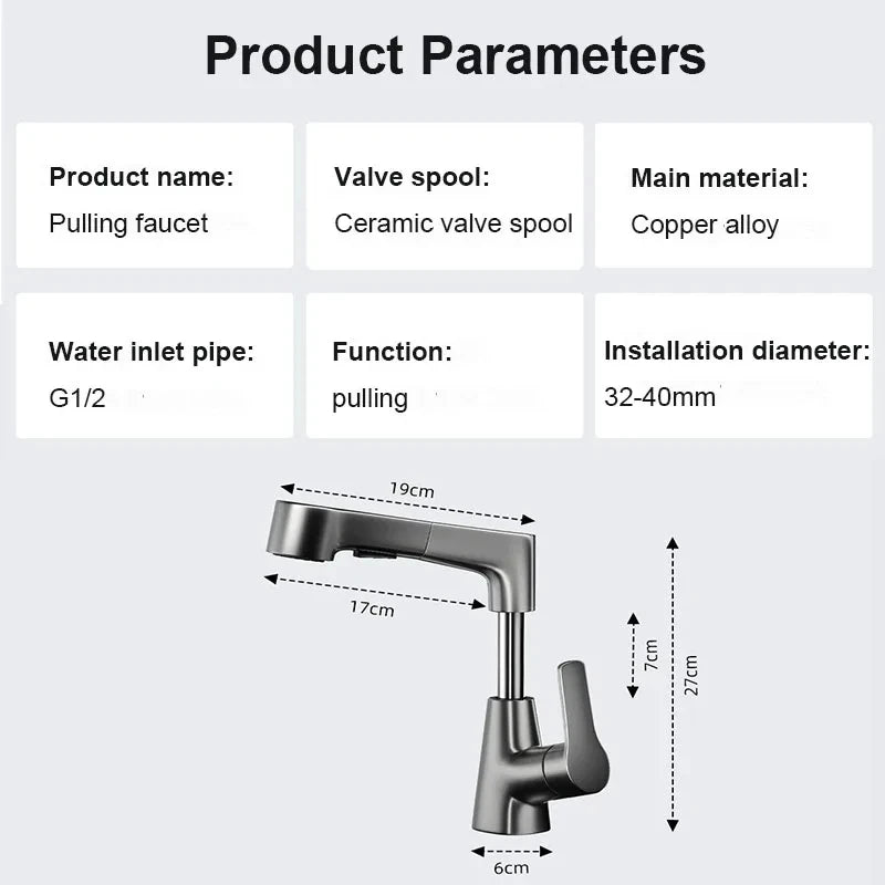 Brass Pull-Out Dual-Function Bathroom Sink Faucet Adjustable