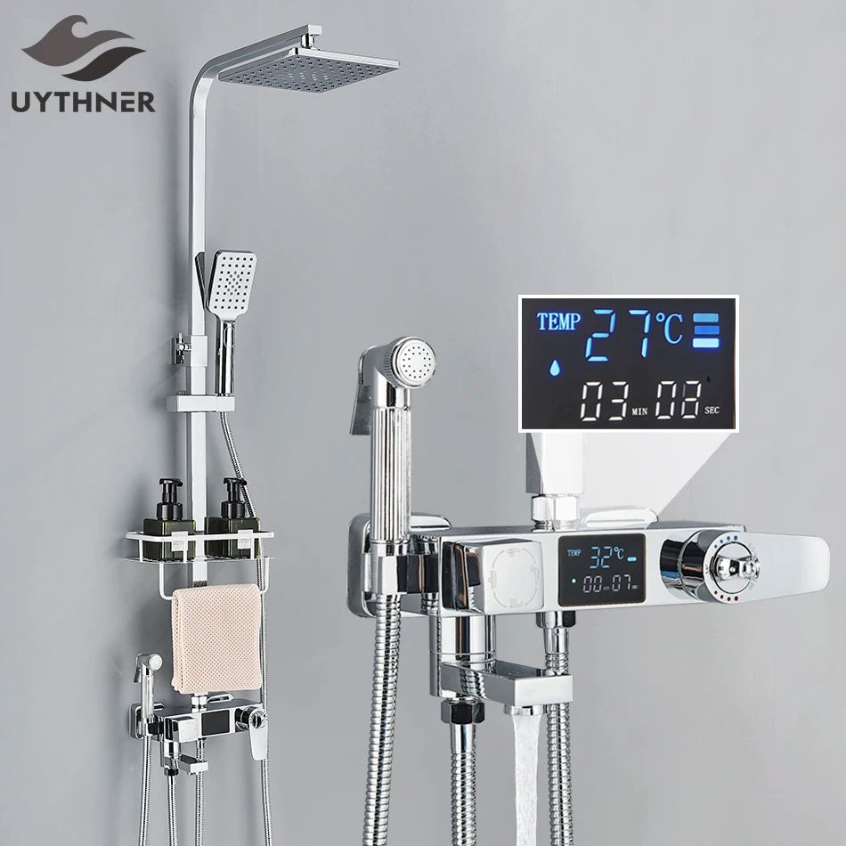Bath Thermostatic Digital Display Shower Faucet Rain Shower