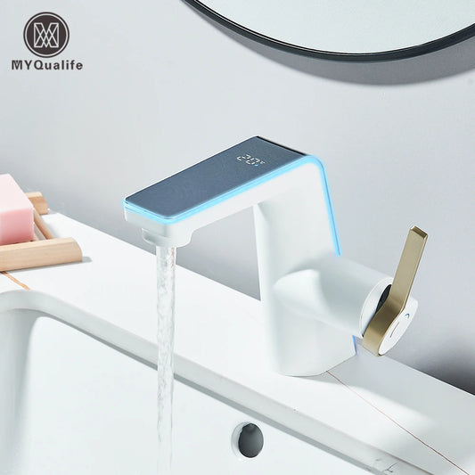 White Display Screen Bathroom Basin Sink Faucet 2-Ways