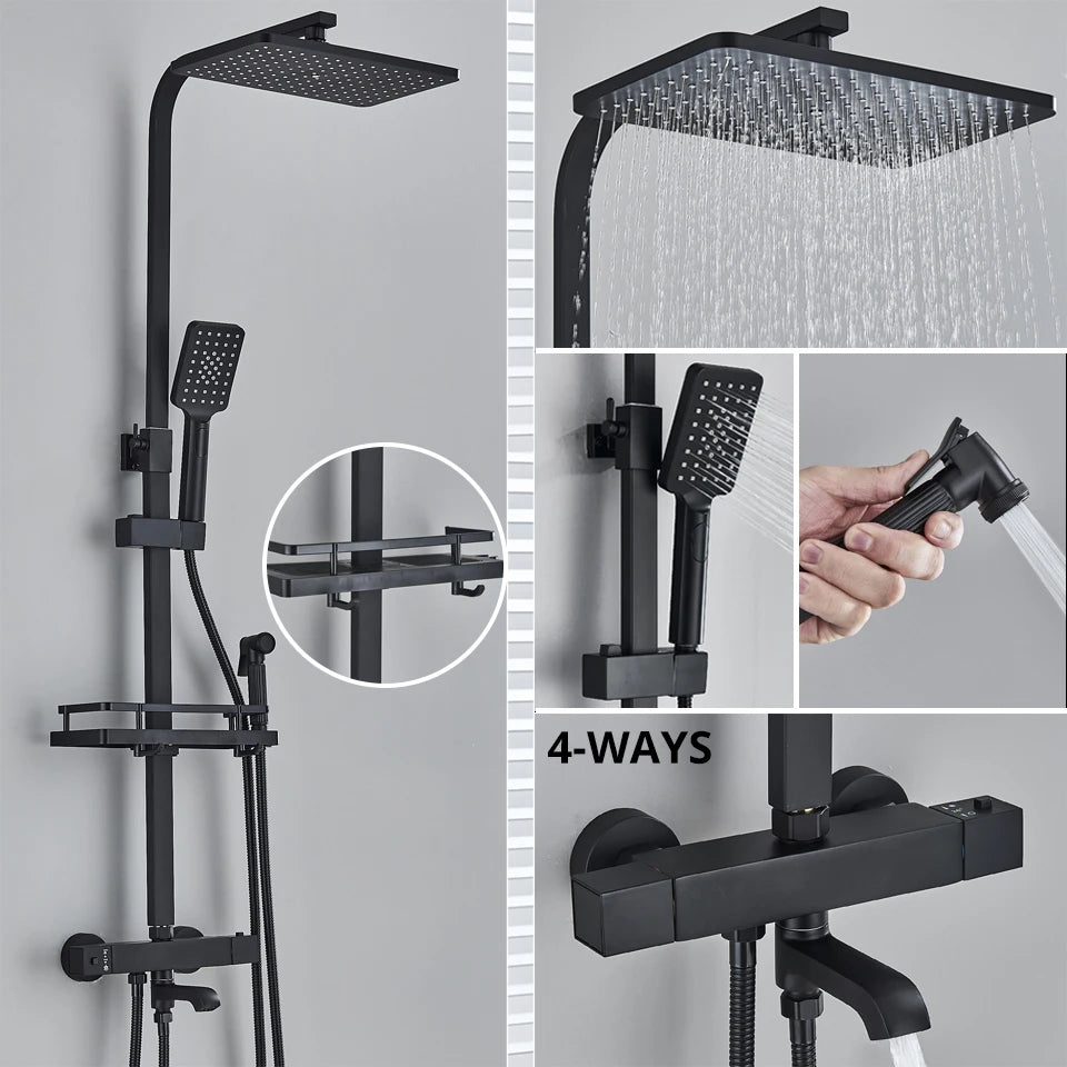 Bathroom Thermostatic Shower Faucet Rainfall Head Wall Mounted