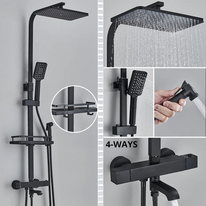Bathroom Thermostatic Shower Faucet Rainfall Head Wall Mounted