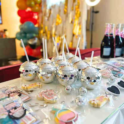 6-48pcs Disco Ball Cups Lids Staws Disco 70s