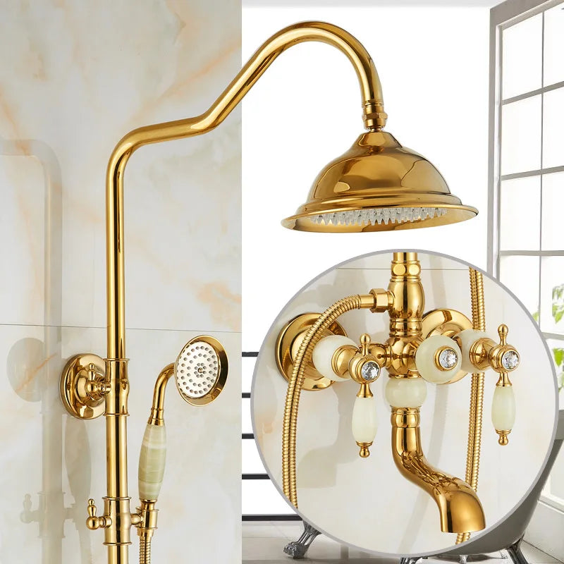 Brass Jade Shower Faucet Wall Mount Rose Gold