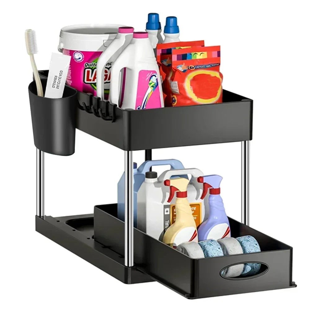 Tier Under Sink Organizer Sliding Storage Rack Hooks