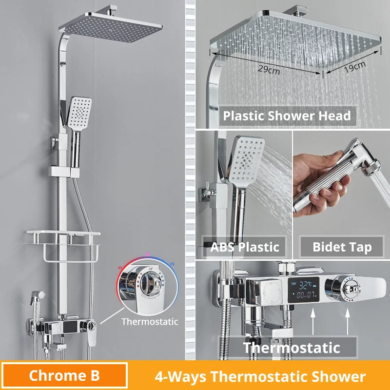 Bath Thermostatic Digital Display Shower Faucet Rain Shower