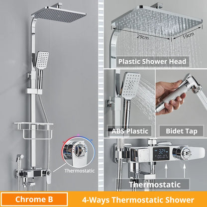 Bath Thermostatic Digital Display Shower Faucet Rain Shower