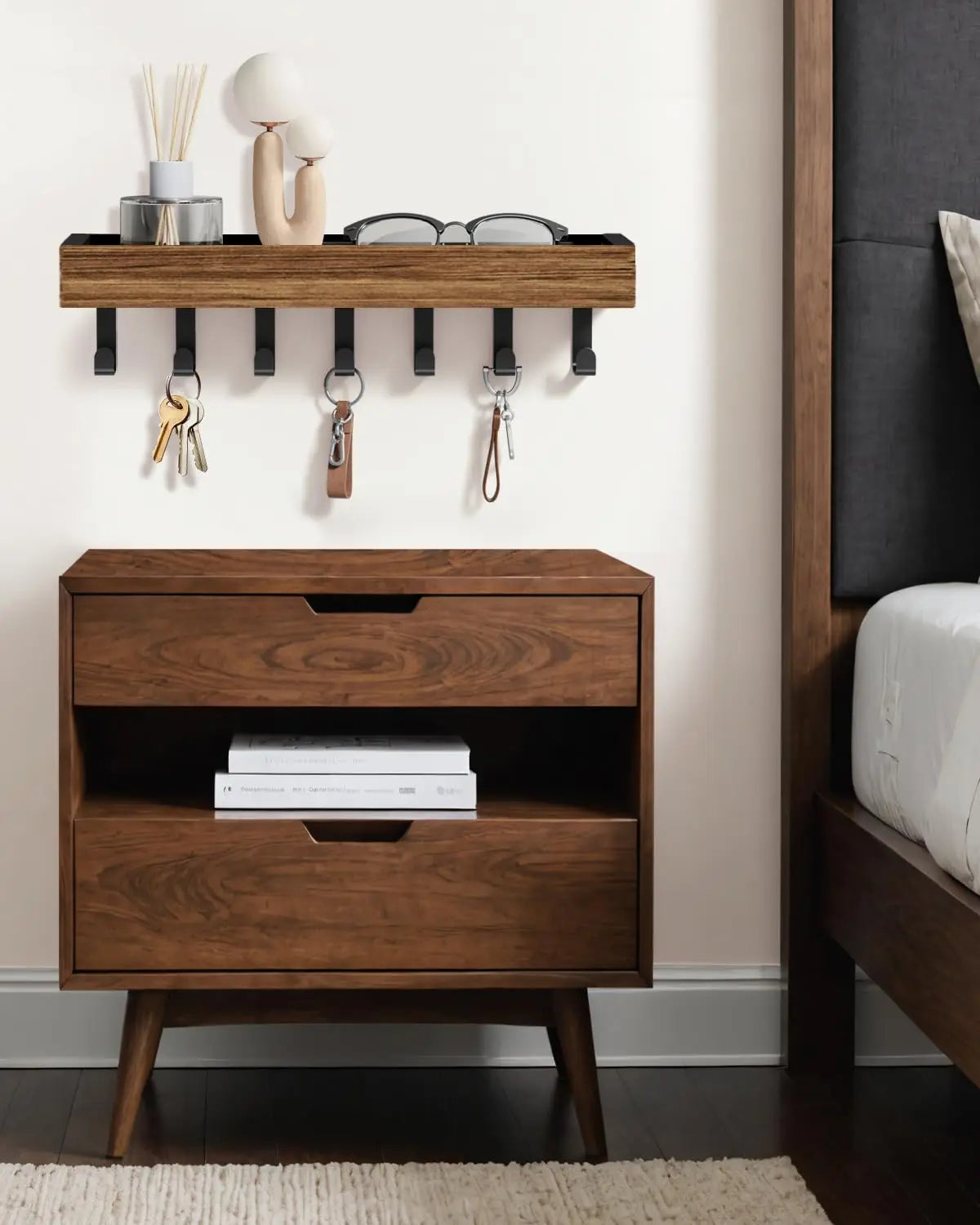 Rustic Wooden Floating Shelf Hooks Shower Caddy Key
