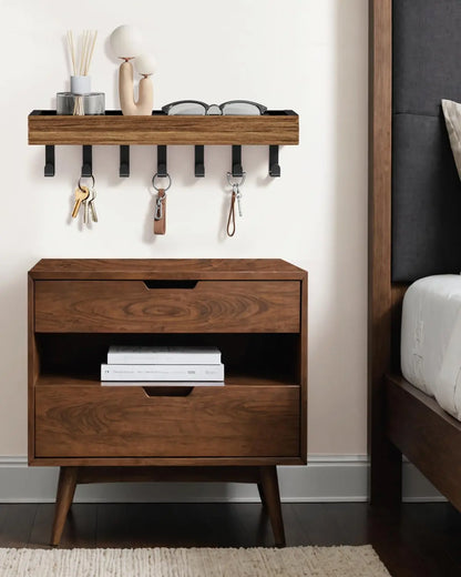 Rustic Wooden Floating Shelf Hooks Shower Caddy Key