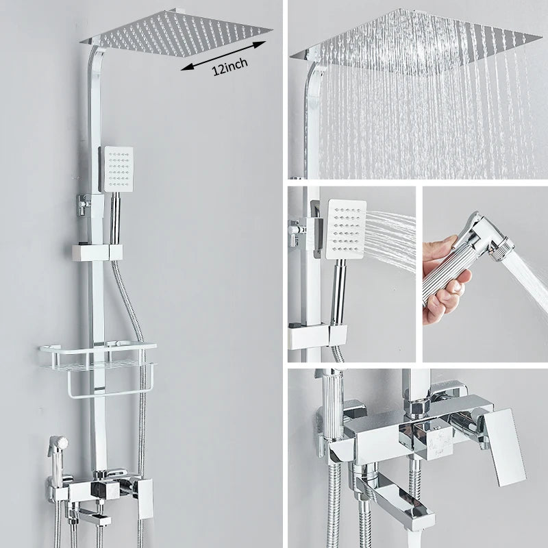 Black Chrome 3/4-Way Shower Faucet Rainfall Shower Cold