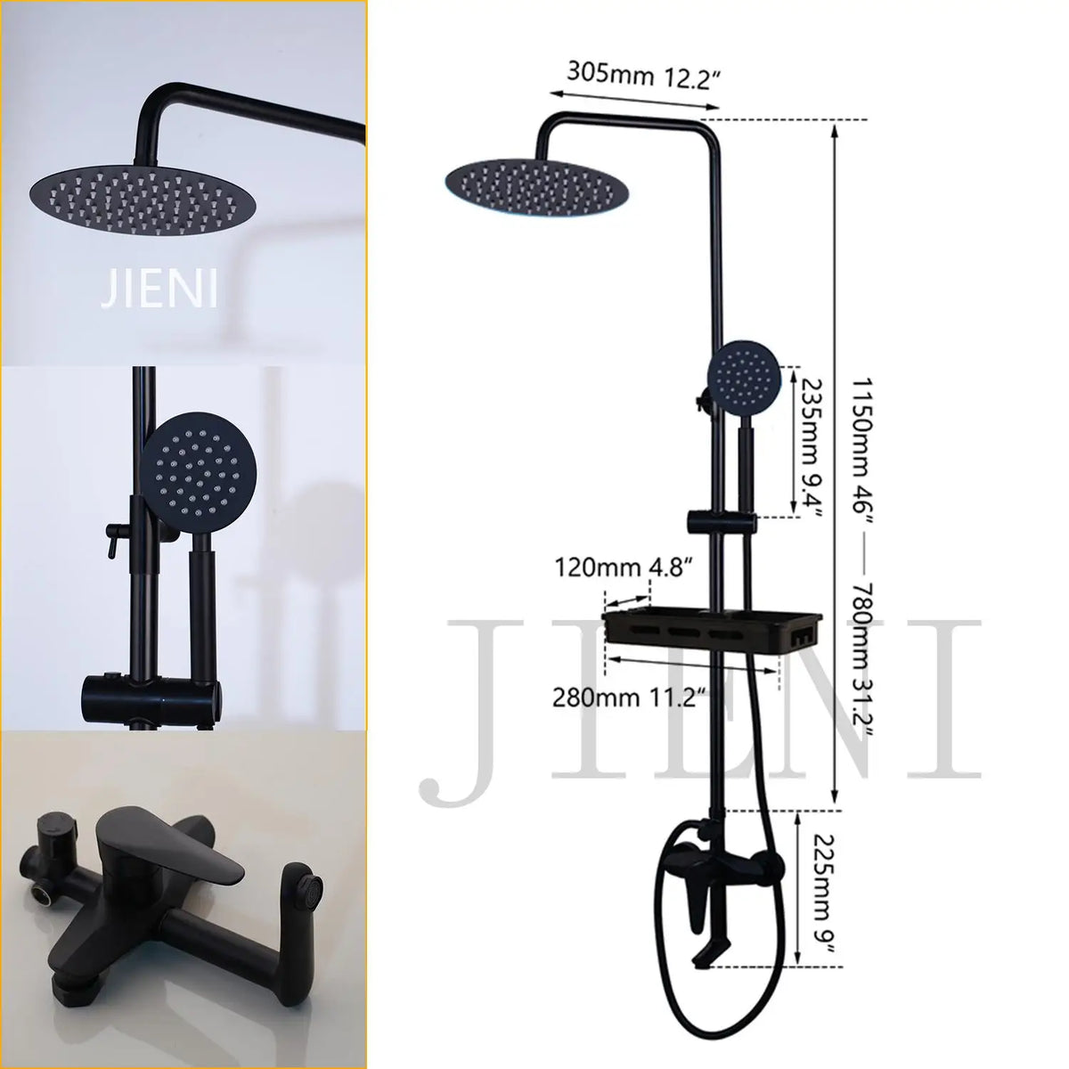 Jieni Matte Black Rainfall Shower Faucet Paint Black