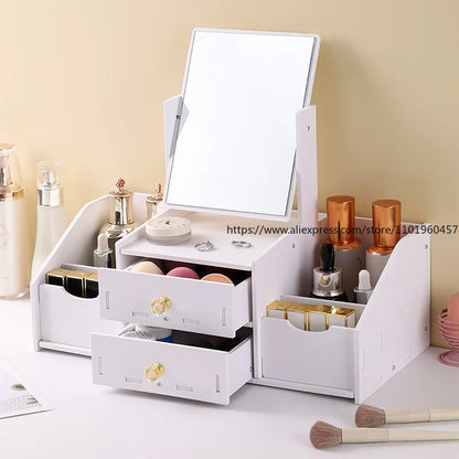 Desktop Drawer-Type Vanity Mirror Storage Box Round Makeup