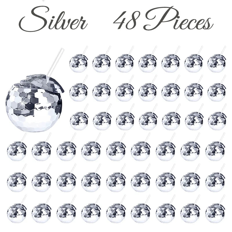 6-48pcs Disco Ball Cups Lids Staws Disco 70s