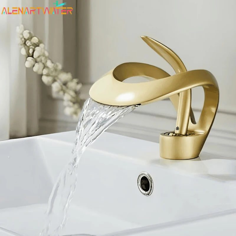 Black Bathroom Basin Taps Handle Waterfall Faucet Solid