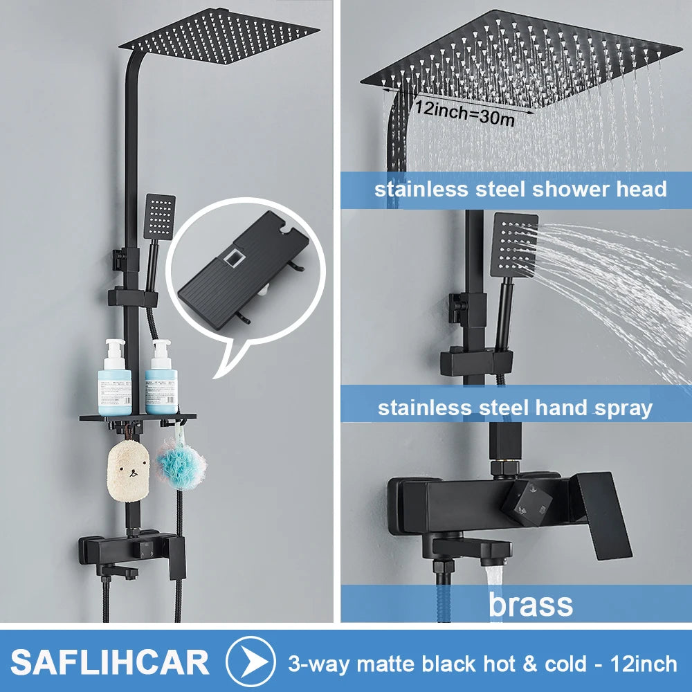 Black/Chrome Brass Shower Faucets Rainfall Shower Shelf Cold