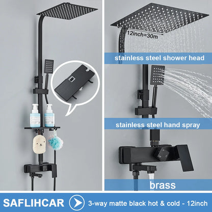 Black/Chrome Brass Shower Faucets Rainfall Shower Shelf Cold