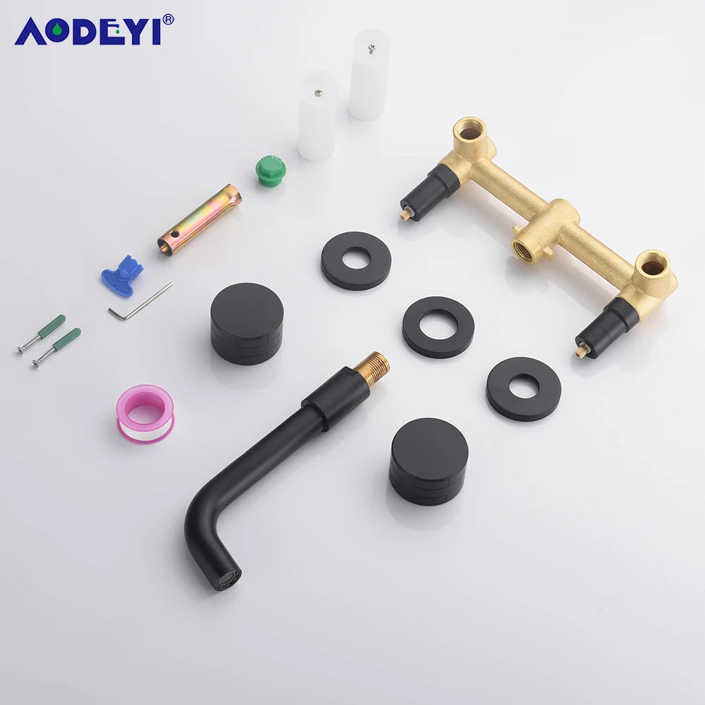 Black Bathroom Faucet Brass Double Lever Wall Mounted