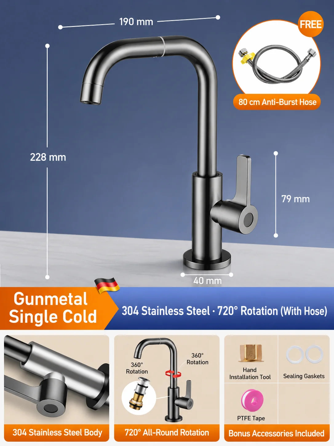 Brass Basin Faucet Gunmetal Gray Bathroom Faucet Cold