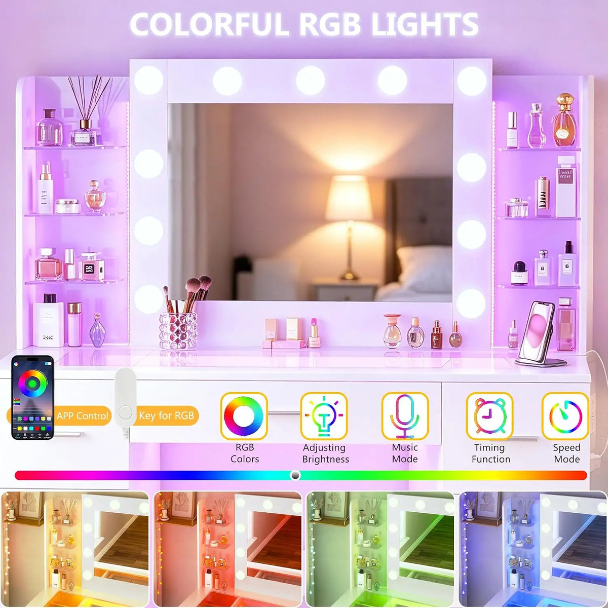 Rgb Makeup Vanity Desk Hollywood Lighted Mirror Frosted