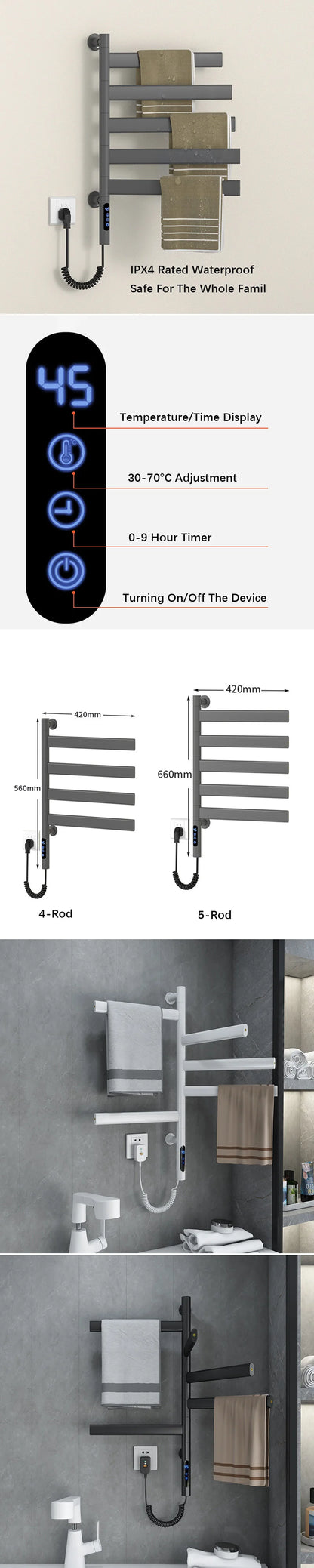 Black Electric Towel Rack Bathroom Temperature Time Smart