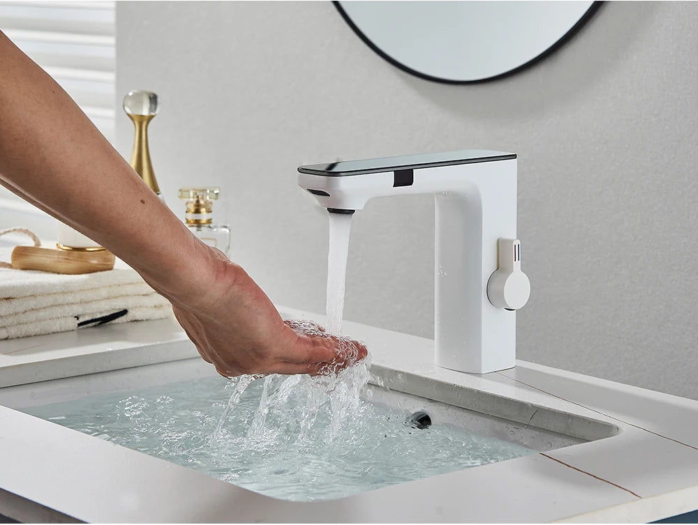 White Chrome Smart Sensor Basin Faucet Screen Digital