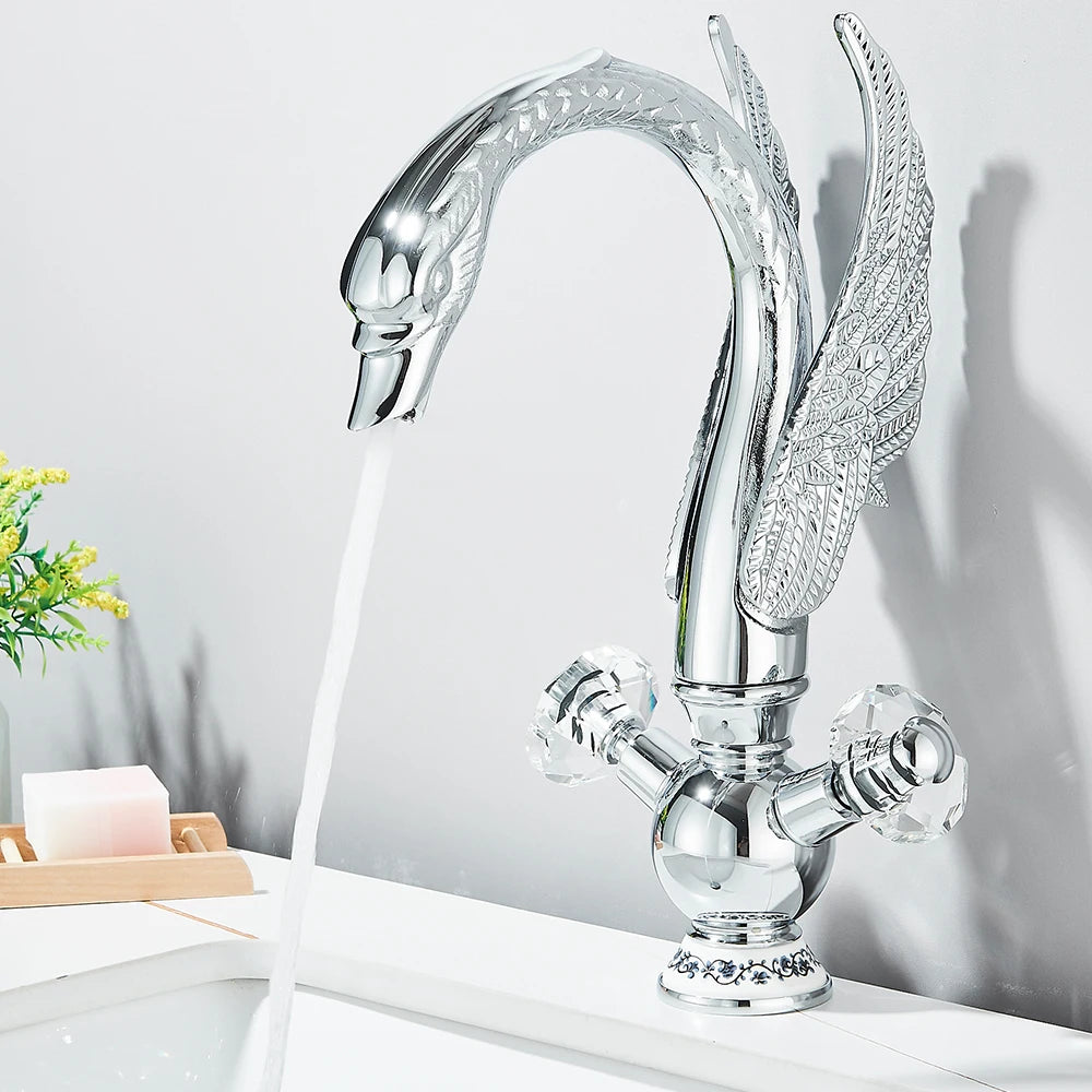 Golden Luxury Swan Basin Faucet Deck Mounted Bathroom