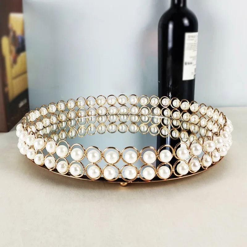 European Pearl-Edged Glass Tray Ornaments Cosmetic Mirror Storage