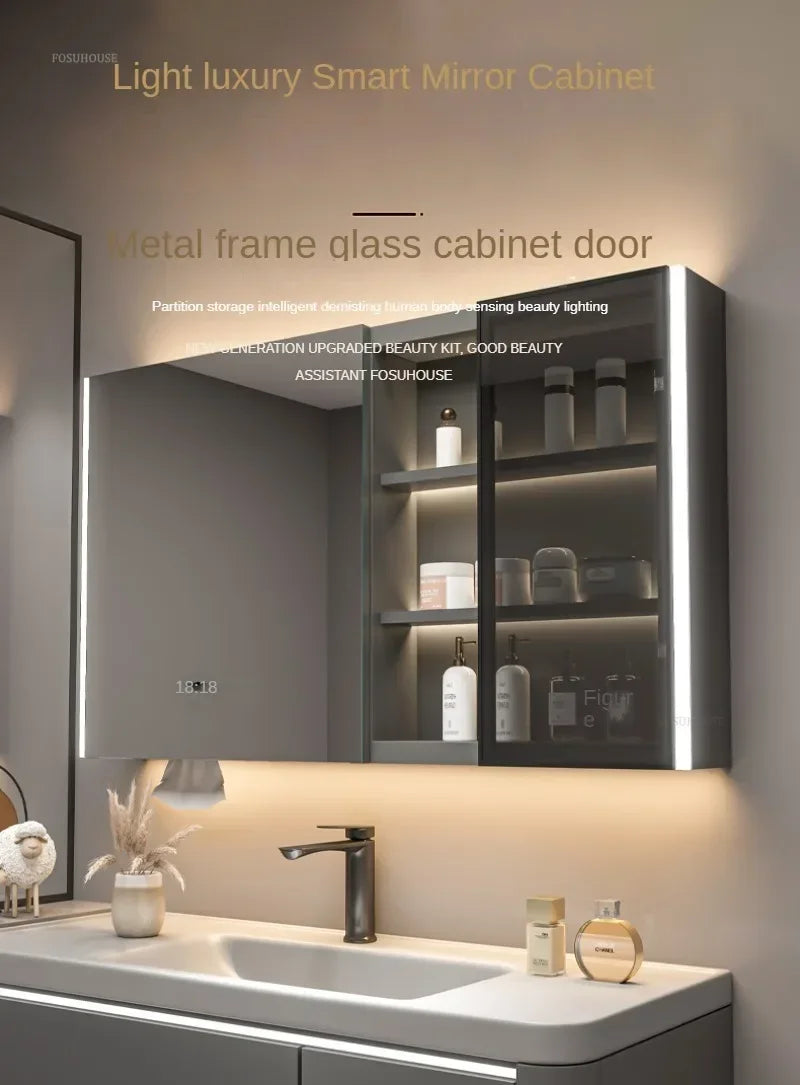 Modern Solid Wood Smart Bathroom Mirror Cabinet Light