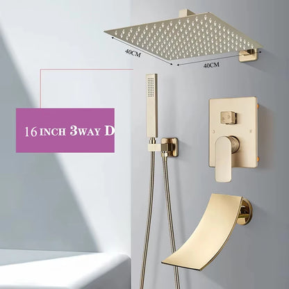 Brushed Gold Bathroom Shower Faucet Rainfall Concealed Shower