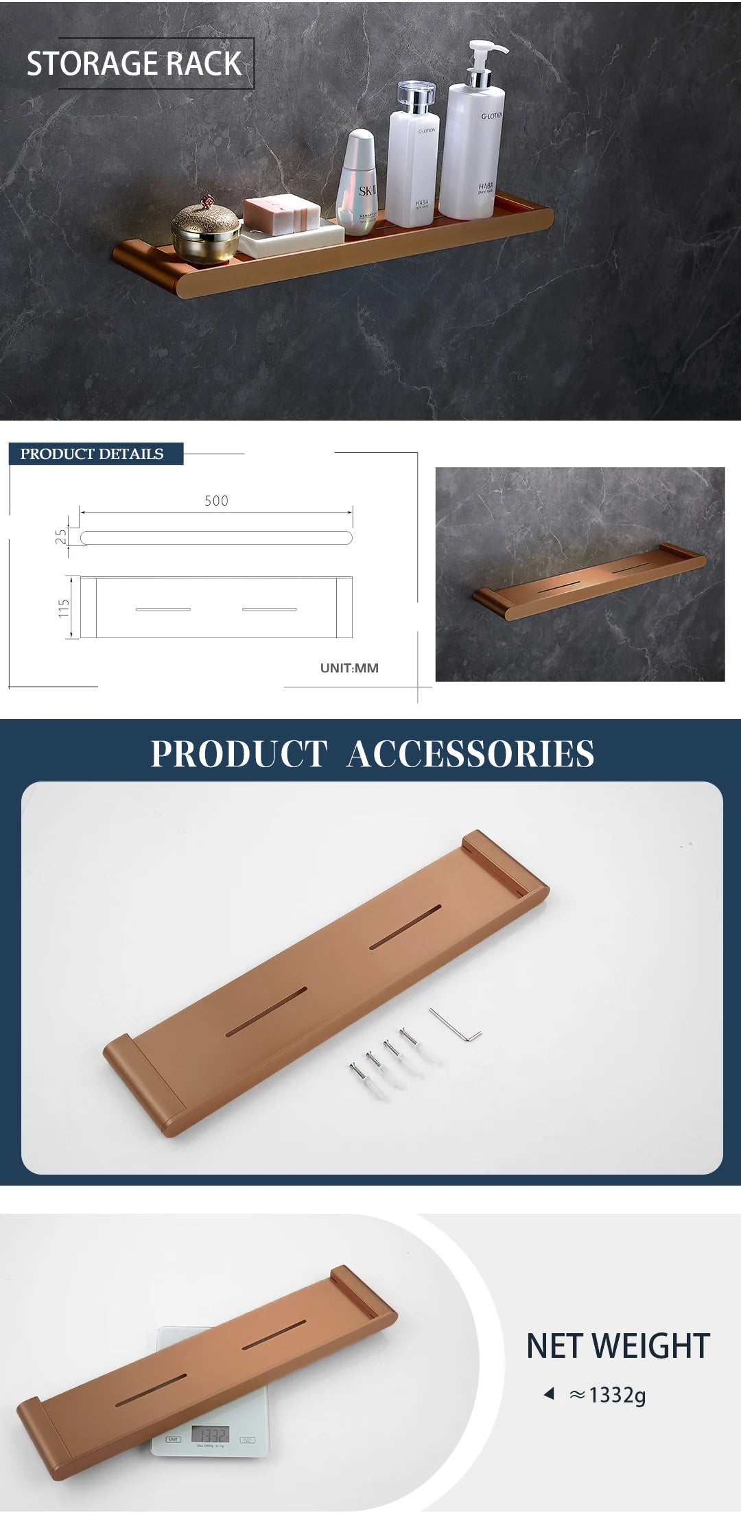 Brushed Rose Gold Storage Rack Towel Bar Tissue