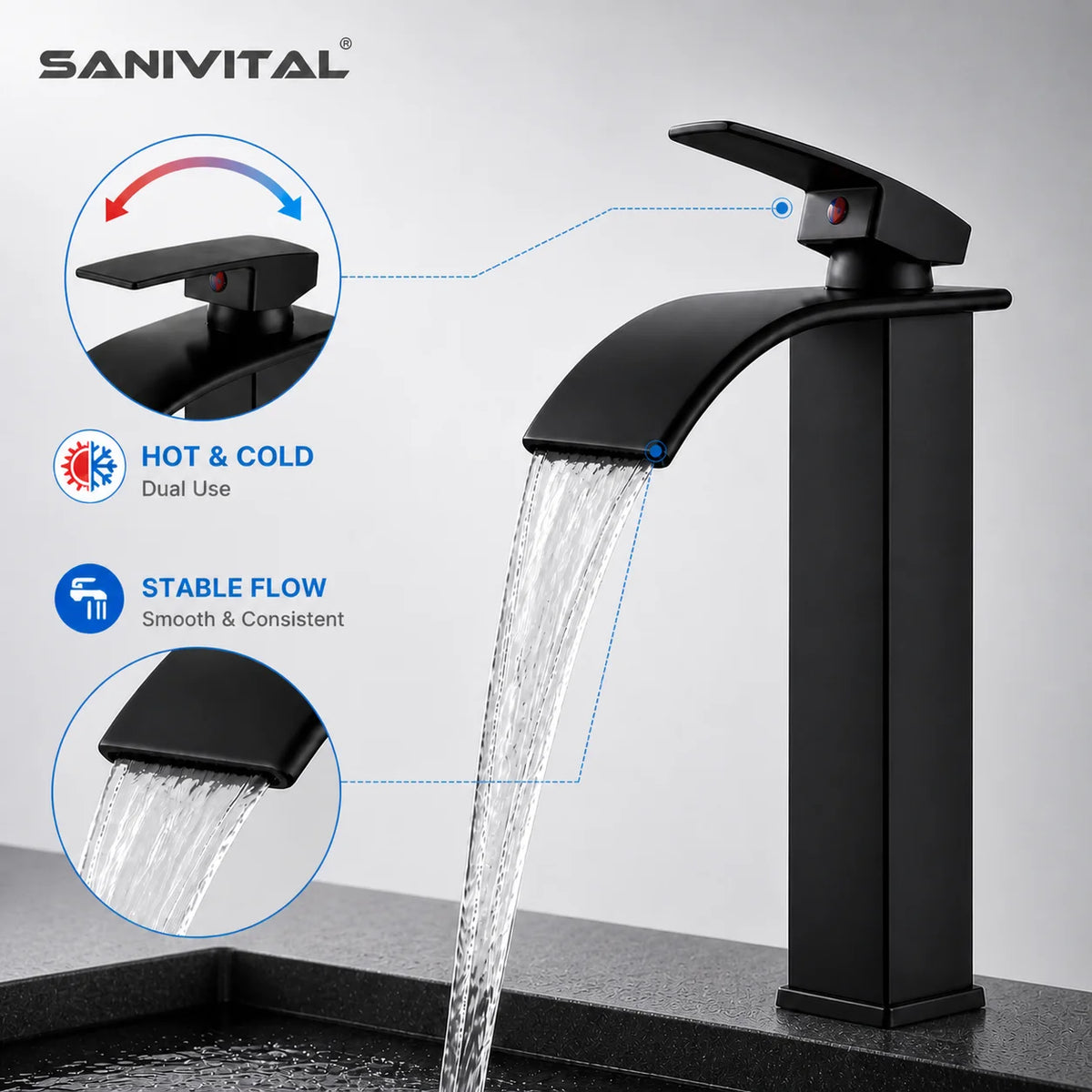 Sanivital Matte Black Stainless Steel Waterfall Bathroom Basin