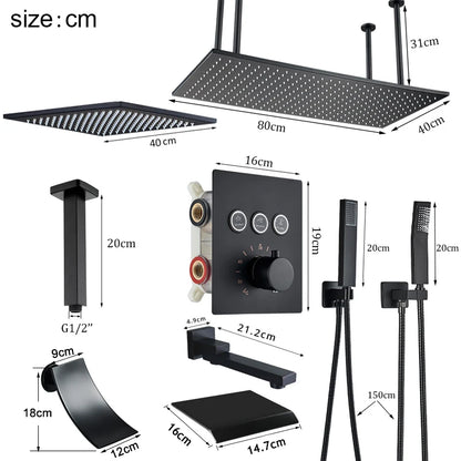 Shinesia Big Black Thermostatic Bathroom Shower Faucet Rainfall