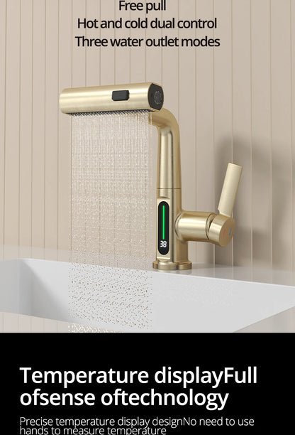 Brushed Gold Basin Faucet Lifting Pull Down Digital