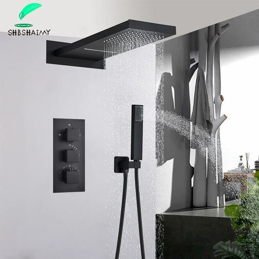 Shbshaimy Thermostatic Shower Faucets Bathroom Black Waterfall