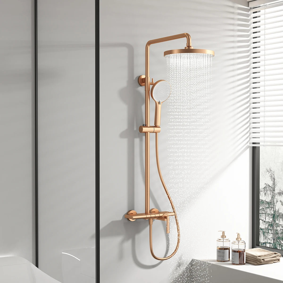 Brushed Rose Gold Bathroom Shower System Faucet 12