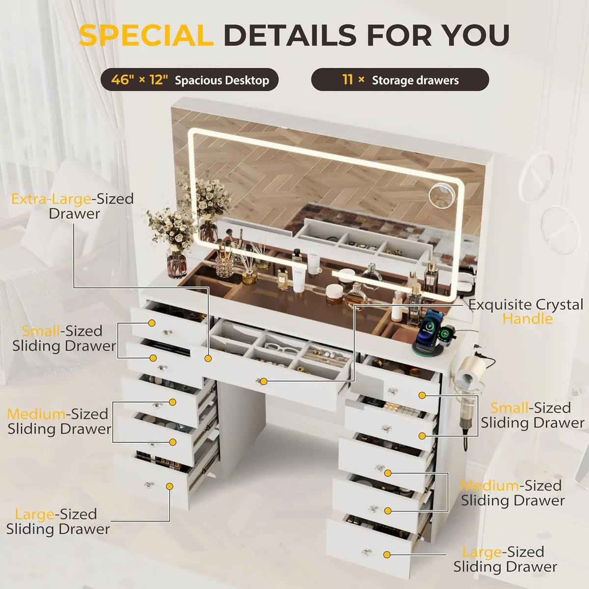 White Vanity Desk Mirror & Led Lights Modes