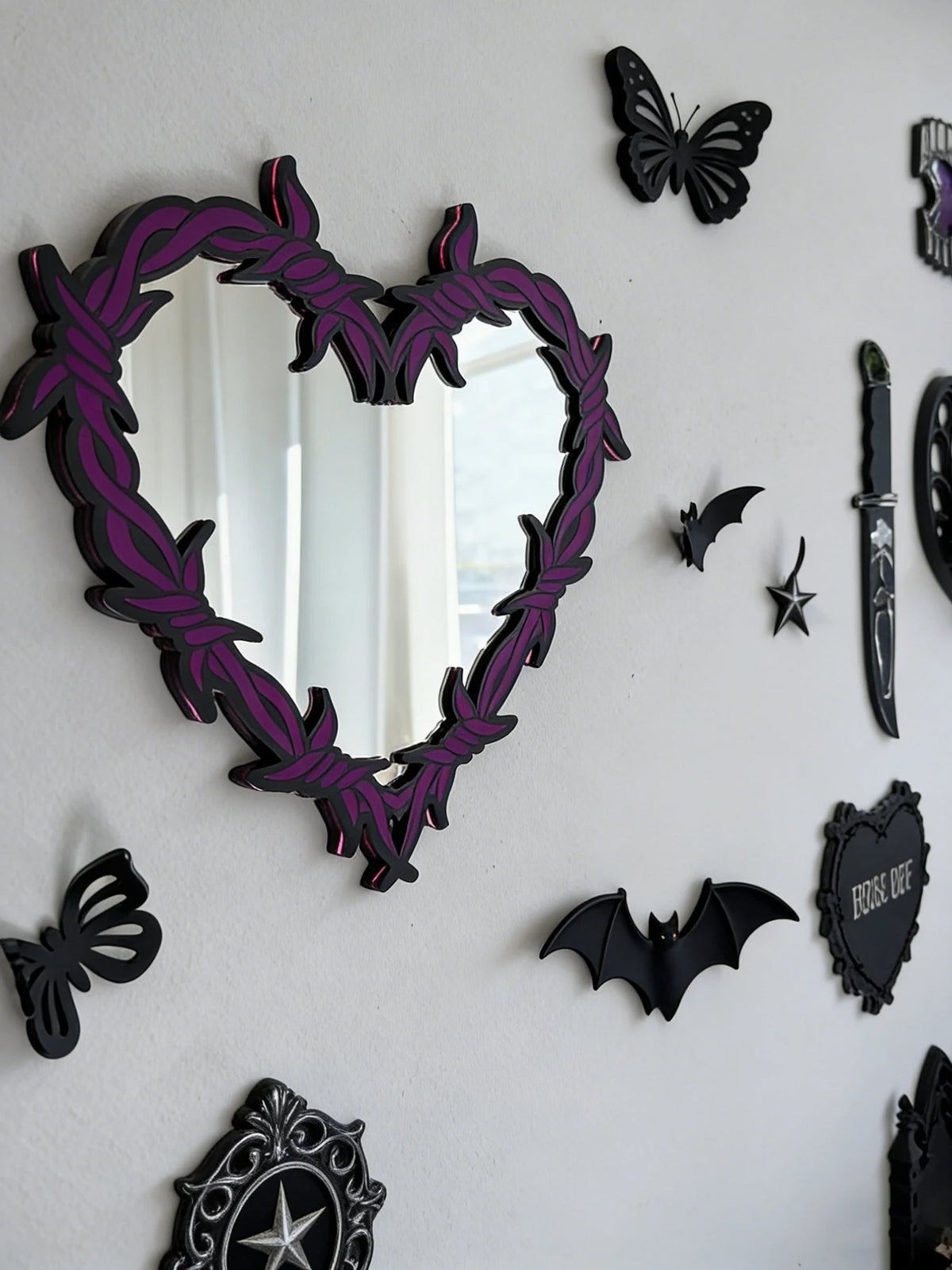 Purple Gothic Barbed Wire Heart Wall Mirror Witchy