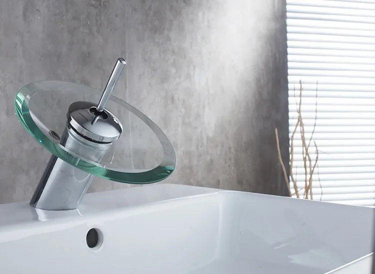 Colorful Glass Waterfall Bathroom Basin Sink Faucet Chrome