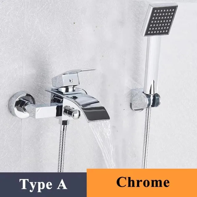 Zappo Gold Waterfall Faucet Roman Handheld Shower Deck