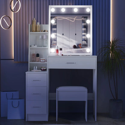 White Makeup Dressing Table W/ Lights Sliding Mirror