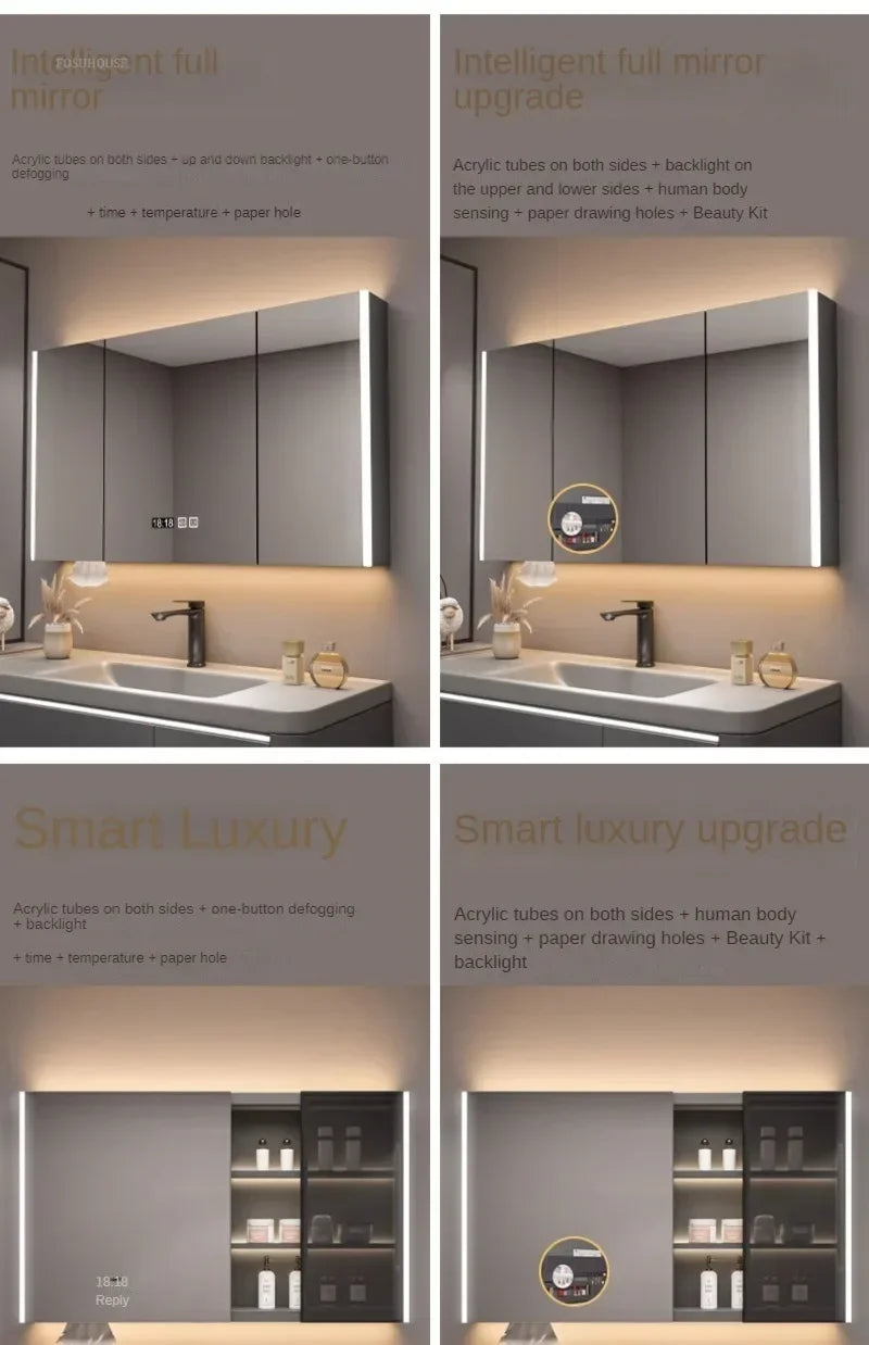 Modern Solid Wood Smart Bathroom Mirror Cabinet Light
