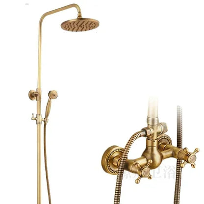 Antique Brass Shower Faucet 8-Inch Rainfall Dual Handle