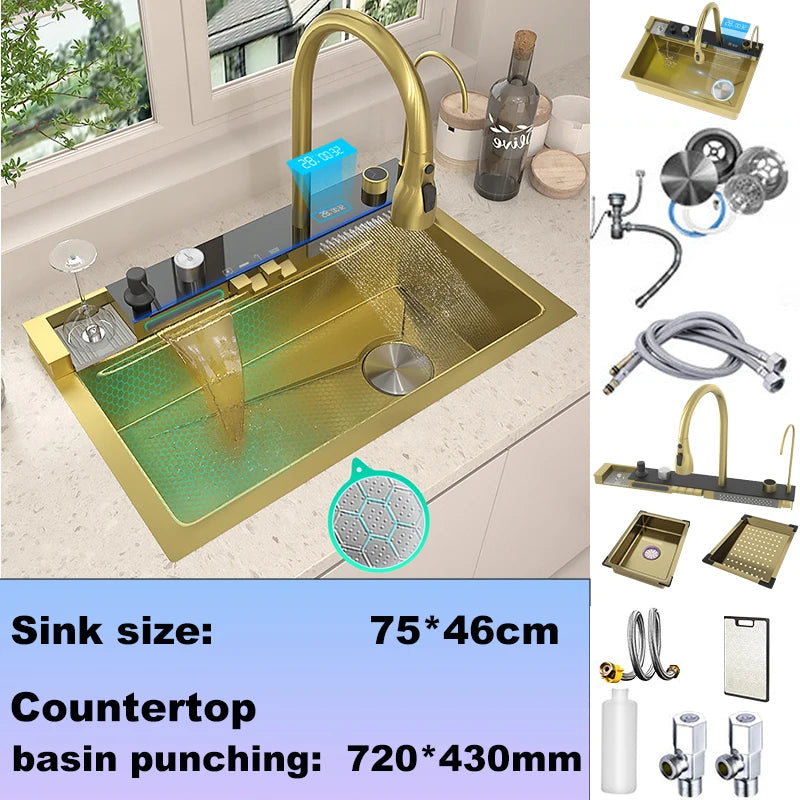 Stainless Steel Waterfall Sink Scratch Durable Resistant Large