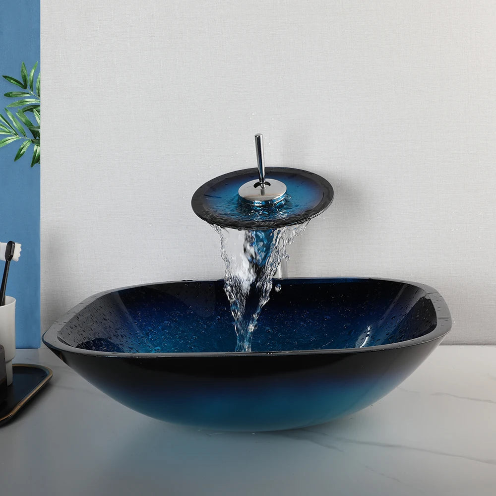Zappo Tempered Glass Bathroom Vessel Sink Waterfall Black