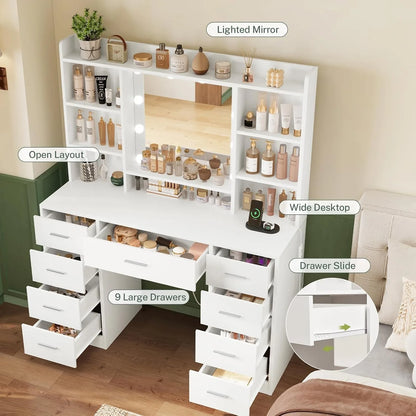 Makeup Vanity Lighted Mirror & Power Outlet Drawers