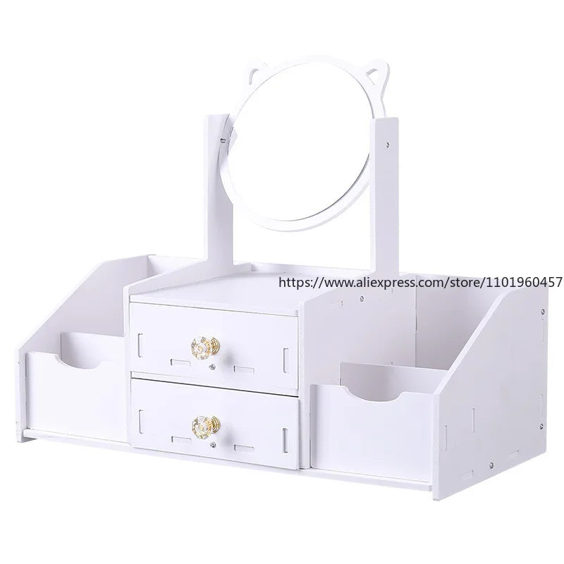 Desktop Drawer-Type Vanity Mirror Storage Box Round Makeup