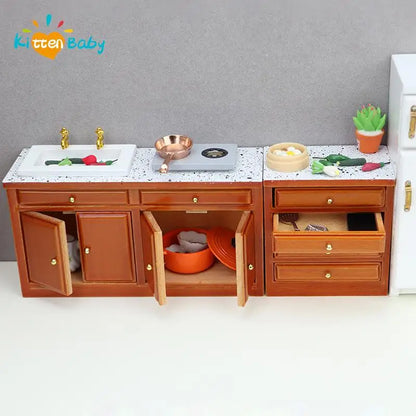 Dollhouse Miniature Retro Wood Cabinet Cupboard Sink Cabinet