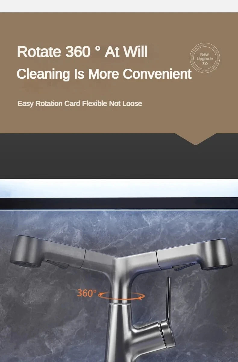 Pull Out Lift Faucet 360 Rotatable Bathroom Basin
