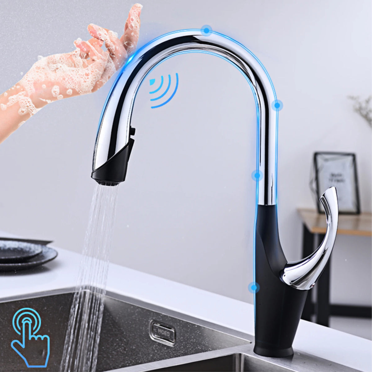 High-End Touch Black Faucet Brass Pull-Out Design Three-Function